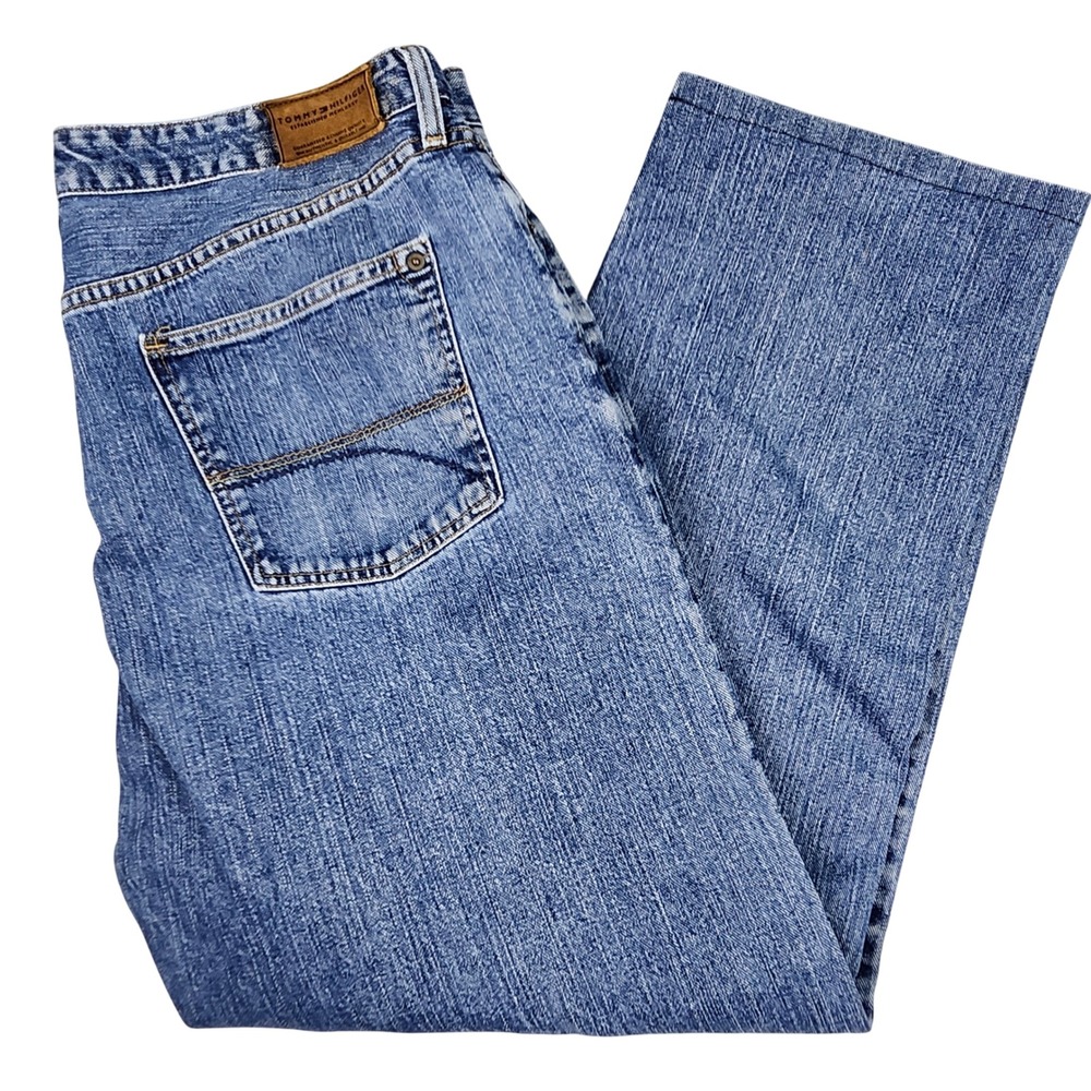 VTG Tommy Hilfiger Relaxed Fit Jeans Mens 40x32 Blue Denim Leather Patch Y2K‎